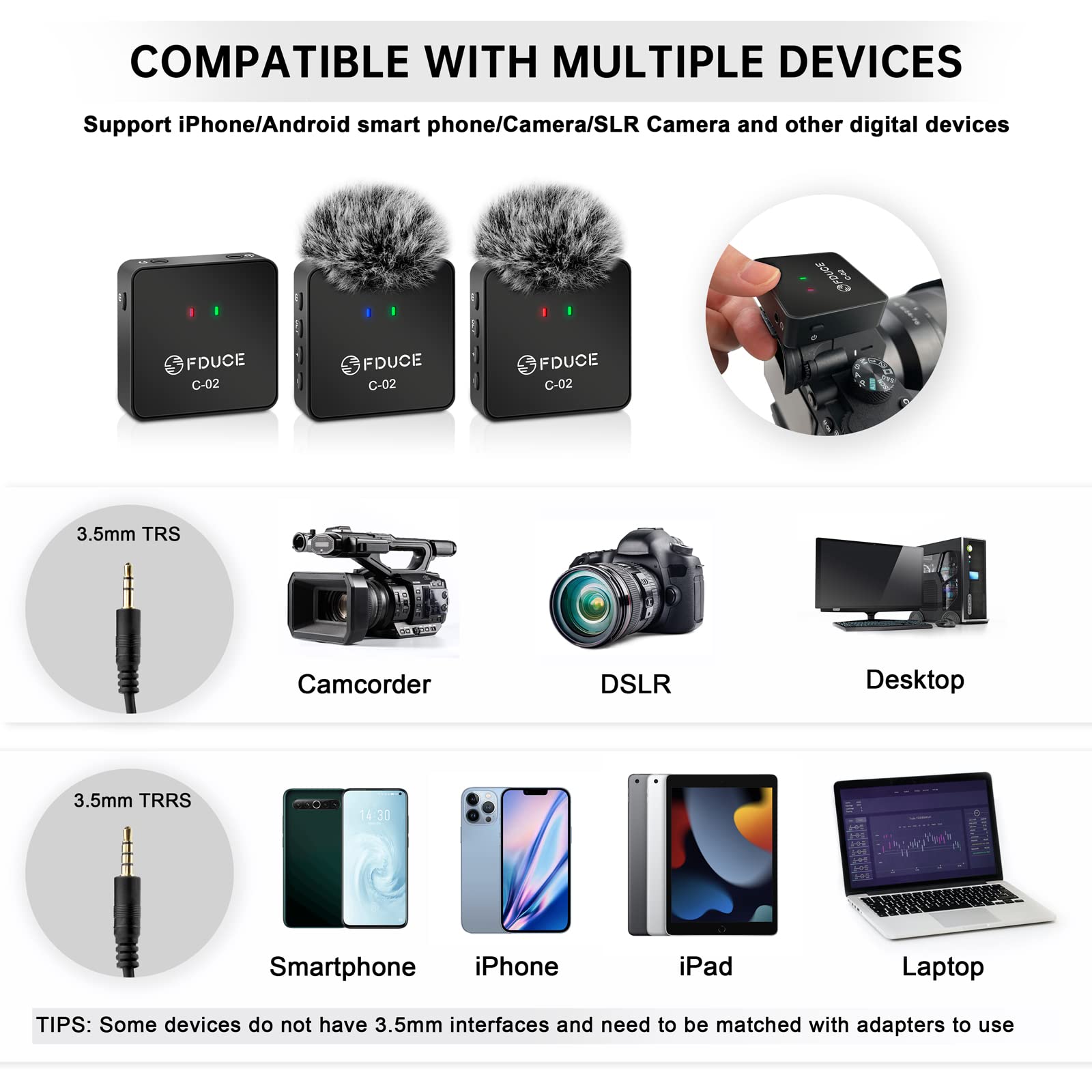 FDUCE UHF Wireless Lavalier Microphone System, Chargeable Transmitter & Receiver, Dual Transmitters, Compatible with Phones & Cameras, Black